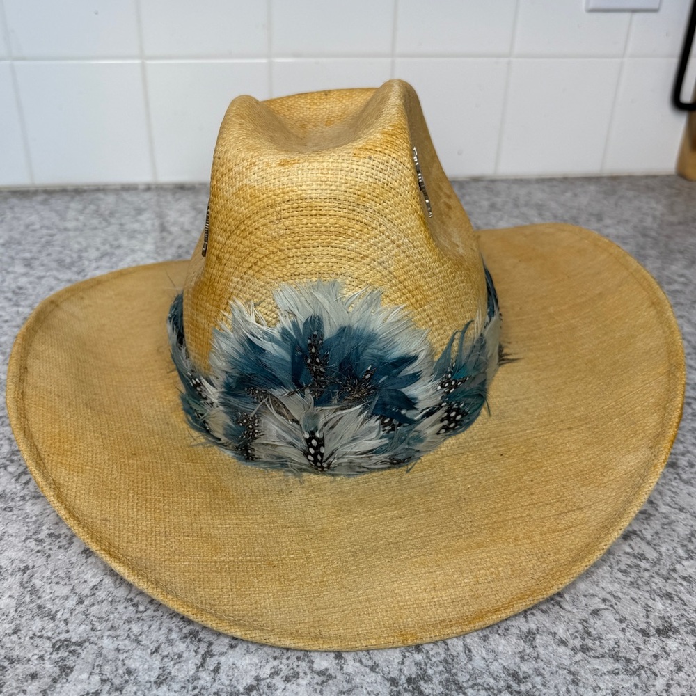 Tomy Sombreros Elegante | Vintage Western Cowboy Hat w/Blue Feather Band, OS